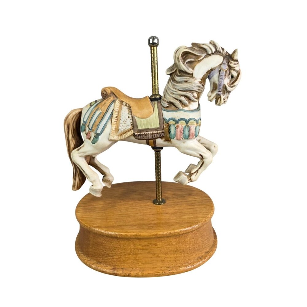 Vintage Melodica Musical Carousel Horse Figurine Wooden Base Carousel Waltz